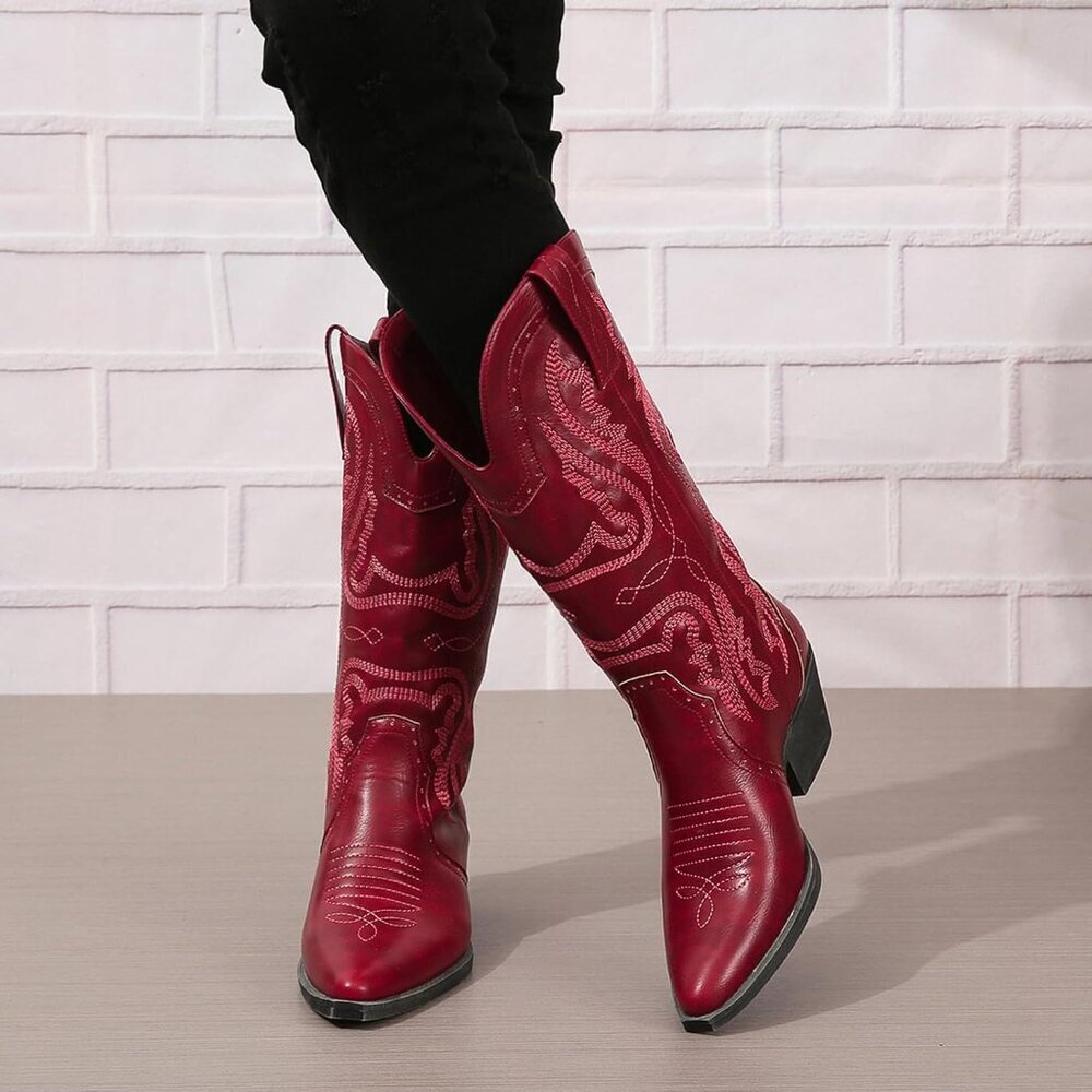 Selroys Cowboy Boots Women Red Leather Mid Calf Western Embroidered Chunky Boots — image 5 of 5